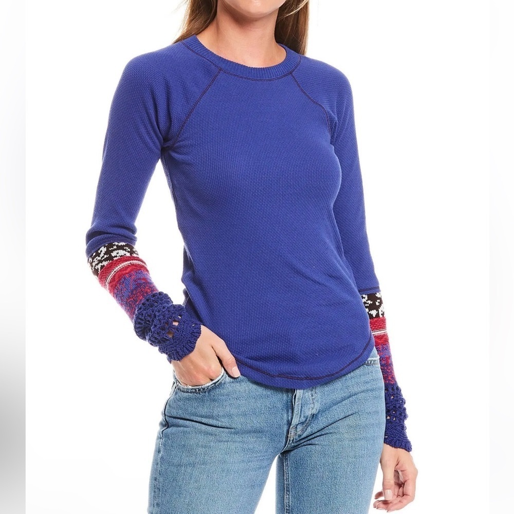 Free People In The Mix Cuff Waffle Knit Crochet Cuffs Thermal Top Blue Size S